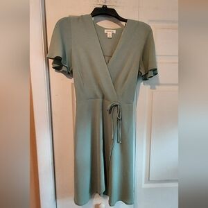 Monteau Flutter Sleeve Size Small Faux Wrap Dress Sage Green Sheer Y2K Whimsy